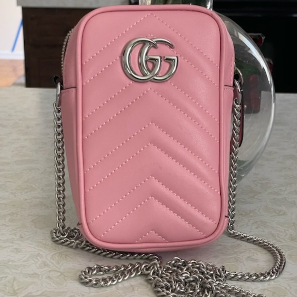 Gucci Calfskin Matelasse Mini GG Marmont Crossbody Bag Pastel Pink